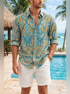 Alan Flusser Paisley Button Down Shirt Medium Turquoise Resort Vacation Print